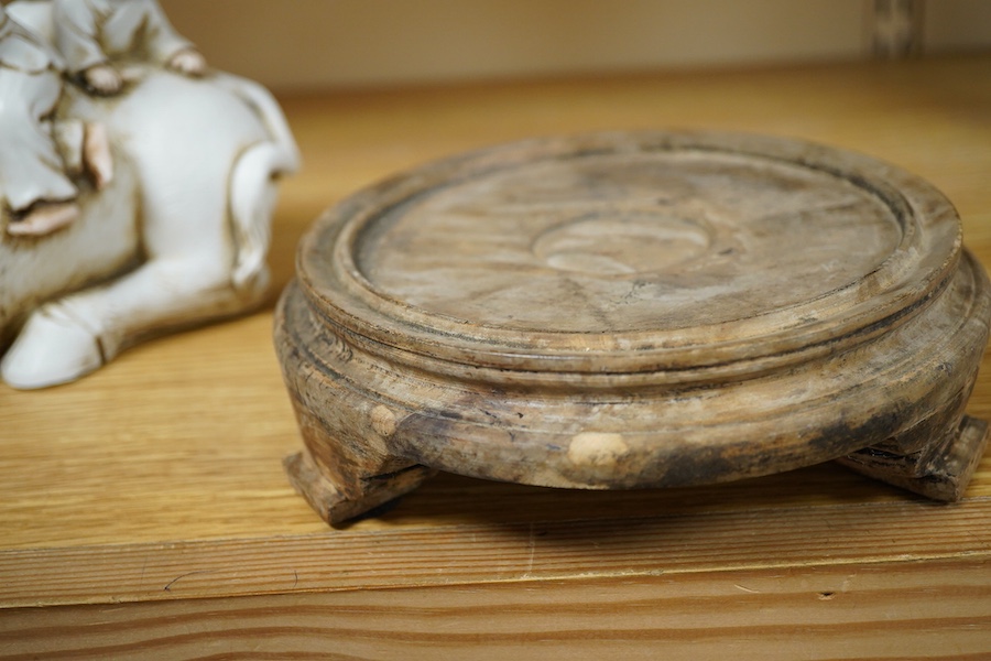 A Chinese Shiwan pottery pod shaped 'frog' vase - 32cm high including stand and a biscuit buffalo group (2)